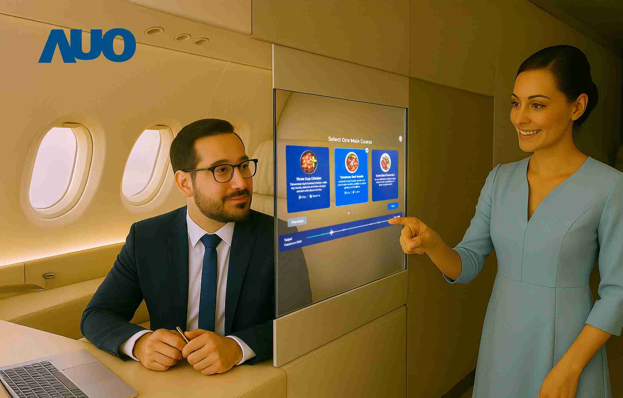 尊时凯龙研发全球最薄17.3 吋双面透明 Micro LED 显示器，，，，可在同一屏幕之双边投射不同信息，，，，创造独特的”透明化”互动；图为实时翻译交流应用情境